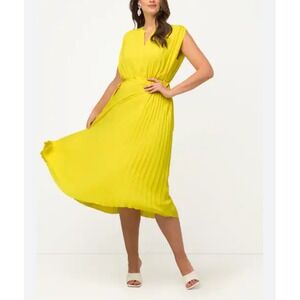 Ulla Popken Yellow Pleated Chiffon Midi Dress Sleeveless Tie‎ Waist Size 24 Plus